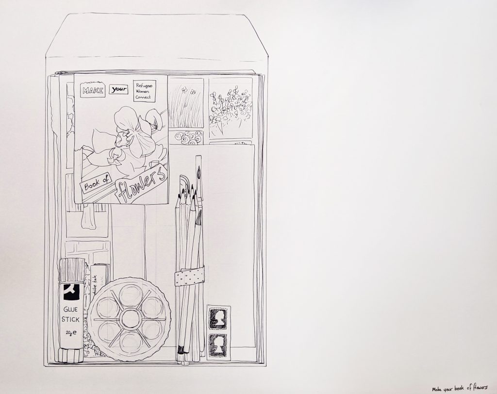 A pen on paper illustration of art materials on an A4 envelope