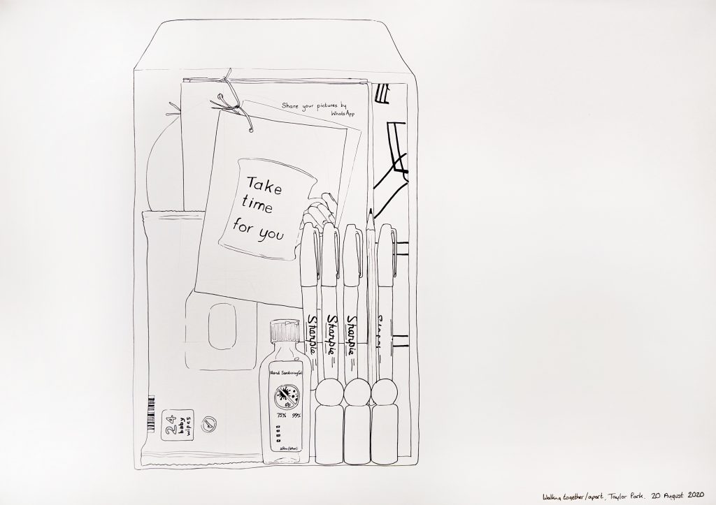 A pen on paper illustration of art materials on an A4 envelope