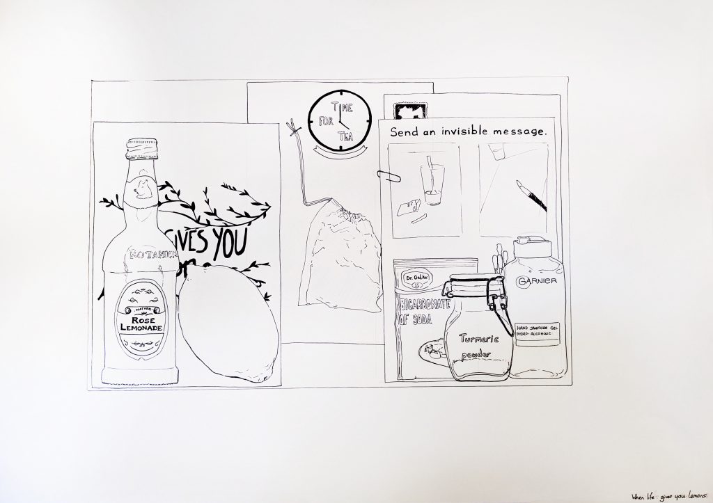 A pen on paper illustration of objects including a bottle of rose lemonade, a lemon, a tea bag, card which says 'send an invisible message' sachet of bicarbonate of soda, jar of turmeric powder and bottle of hand sanitiser.