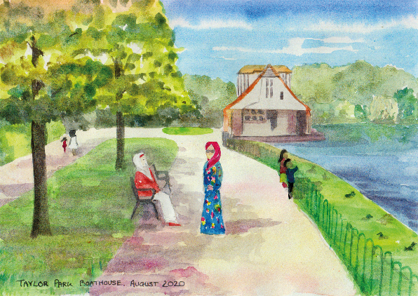 A watercolor painting showing a woman sat on a bench and another stood nearby, both wearing beautiful dresses and headscarves. They are in a park, with trees to the left, a boathouse building and lake to the right. Two figures are walking in the distance and two children are looking over the railings towards the lake. Text in bottom left reads: Taylor Park Boathouse, August 2020.