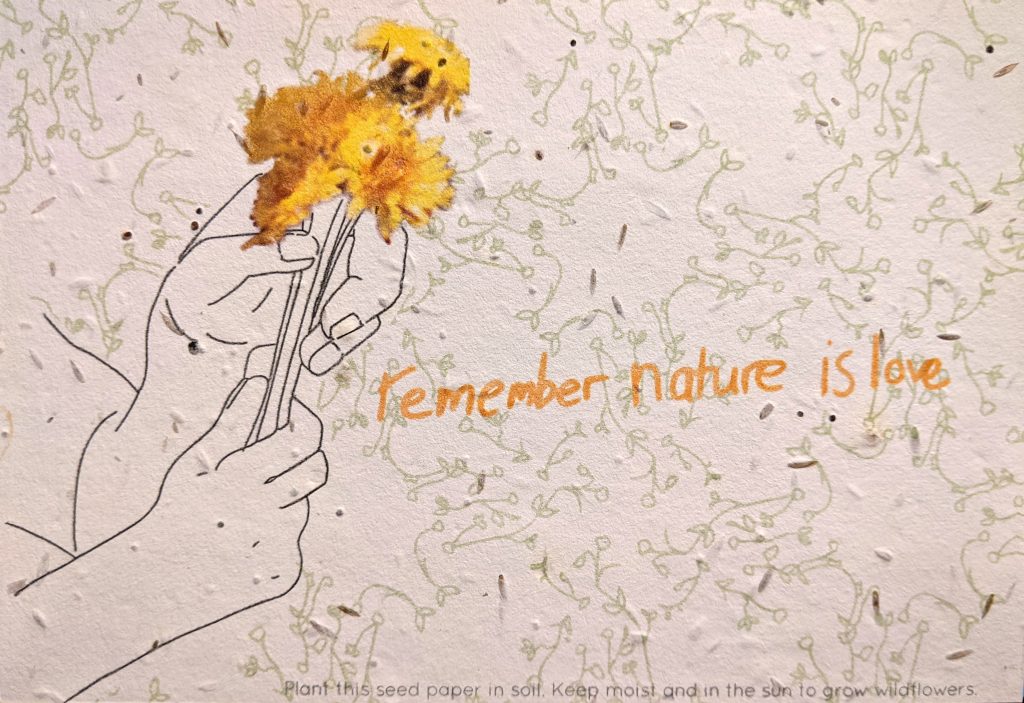 A background drawing of green leaves is speckled with flower seeds embedded in the paper. To the left is an illustration of hands holding yellow dandelions and the words 'remember nature is love' is printed in handwritten yellow text.