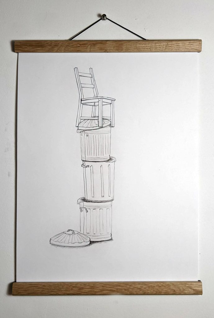 A pencil drawing of a wooden dining chair that is balanced at the top of a tower of three metal dustbins.