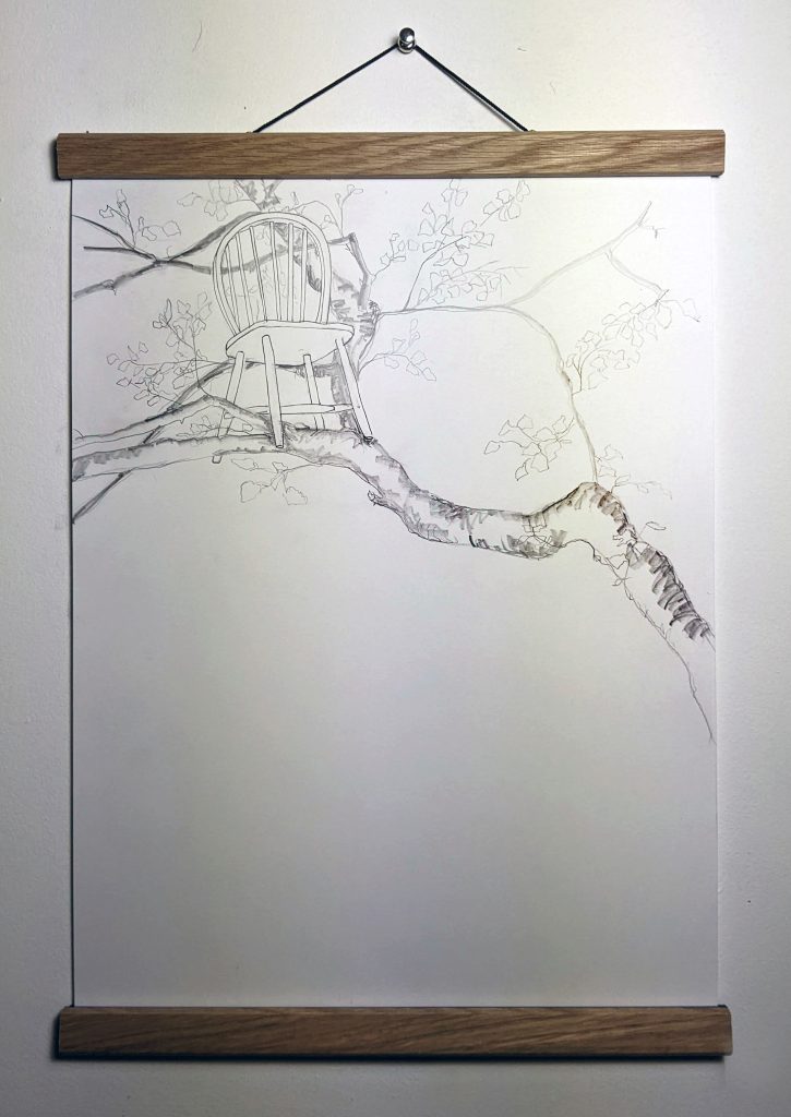 A pencil drawing of a wooden dining chair balanced high on a branch of a tree