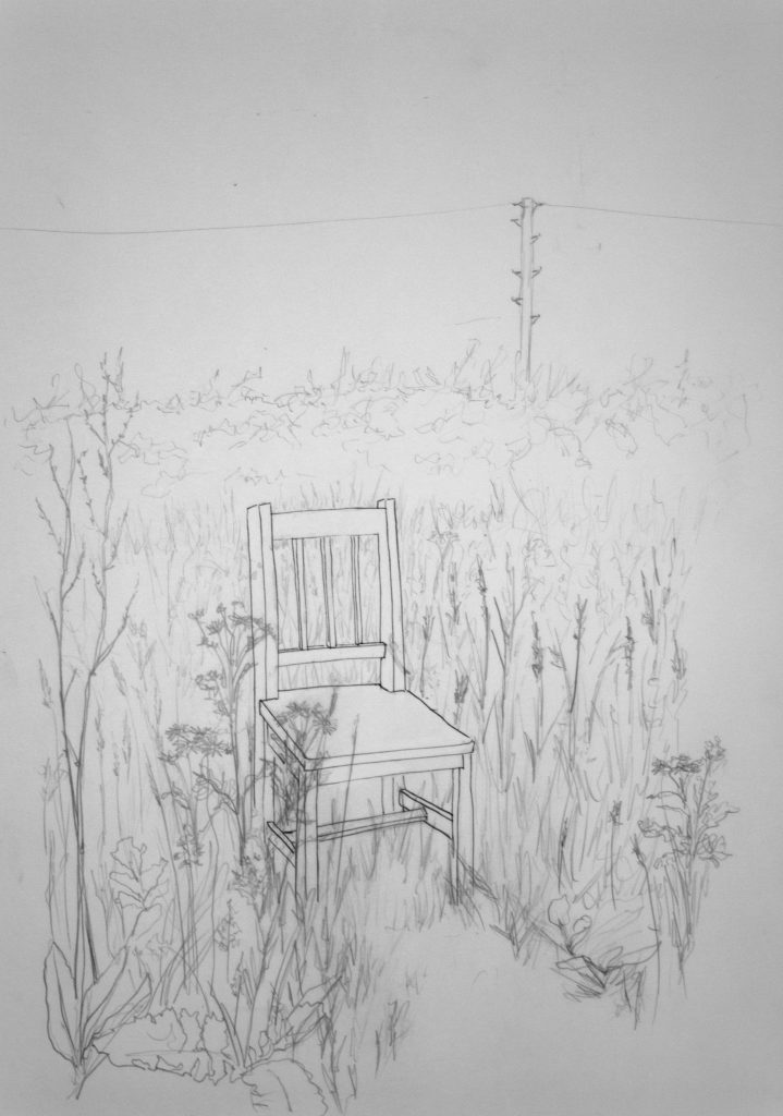 Finding Solitude - never disconnected. A pencil drawing of a wooden chair in a field of long grass. A telegraph pole is visible in the distance.