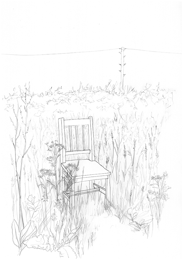 A drawing of a dining chair, in the middle of a grassy field, with a telegraph pole pictured in the distance.