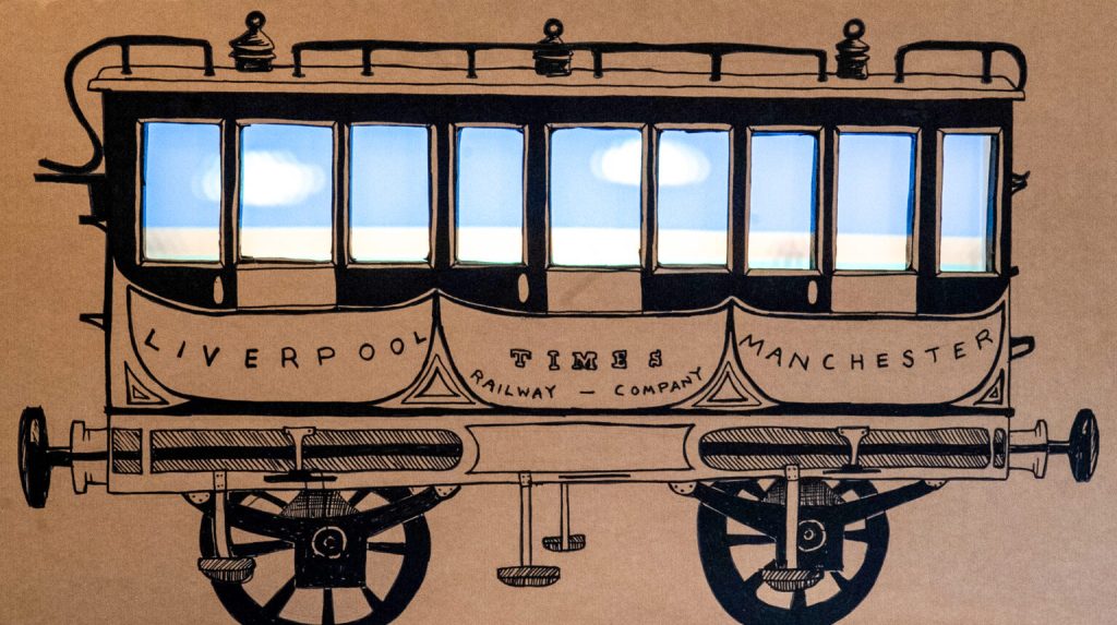 Drawing of carriage from Rocket with projected drawings in windows